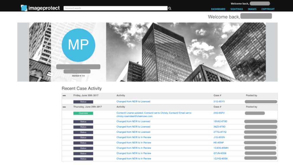 Recent case activity Dashboard at Image Protect