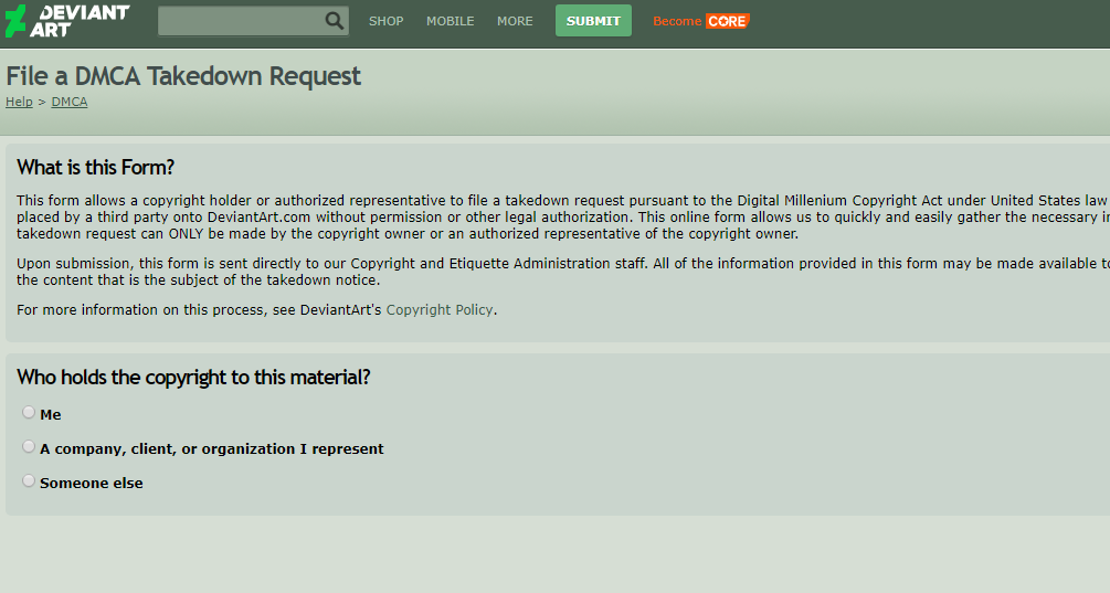 Screencap: File a DMCA Takedown Request on DeviantArt