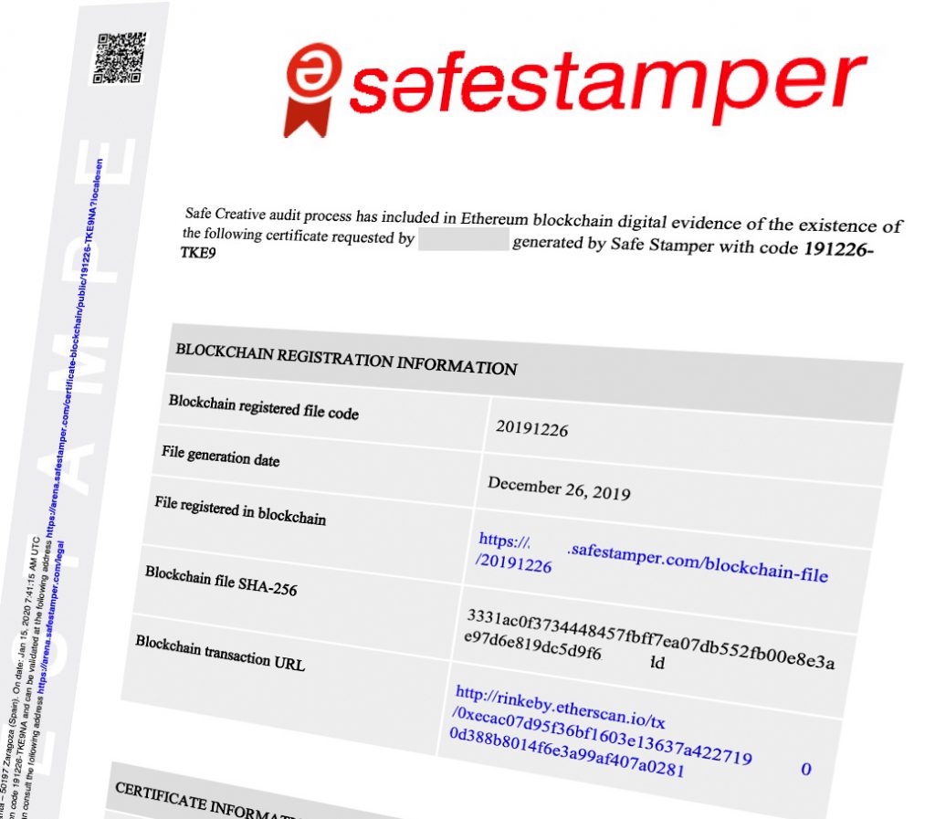 Imagen ejemplo de certificado de blockchain Ethereum en Safe Stamper