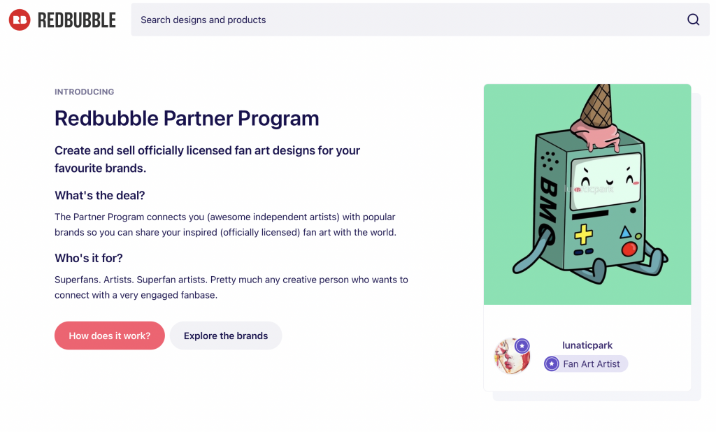 Captura de pantalla de Redbubble con información sobre el programa de colaboración con marcas para licenciamiento de fanarts.